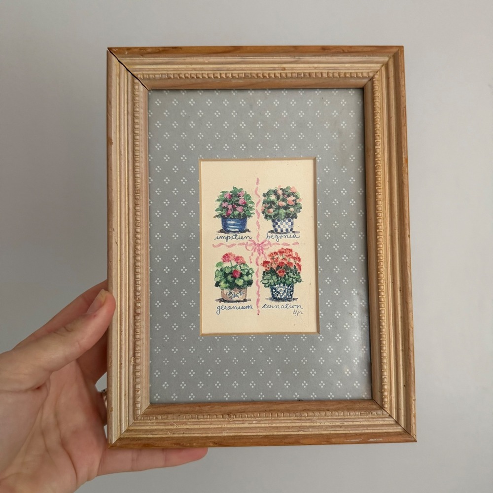 Vintage Framed Mini Floral Art Print Botanical Potted Flowers Garden Cottagecore